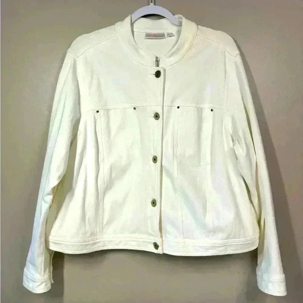 White Jean Jacket 1X Coastal Chic Nautical Vibes Gold Buttons Polished Everyday